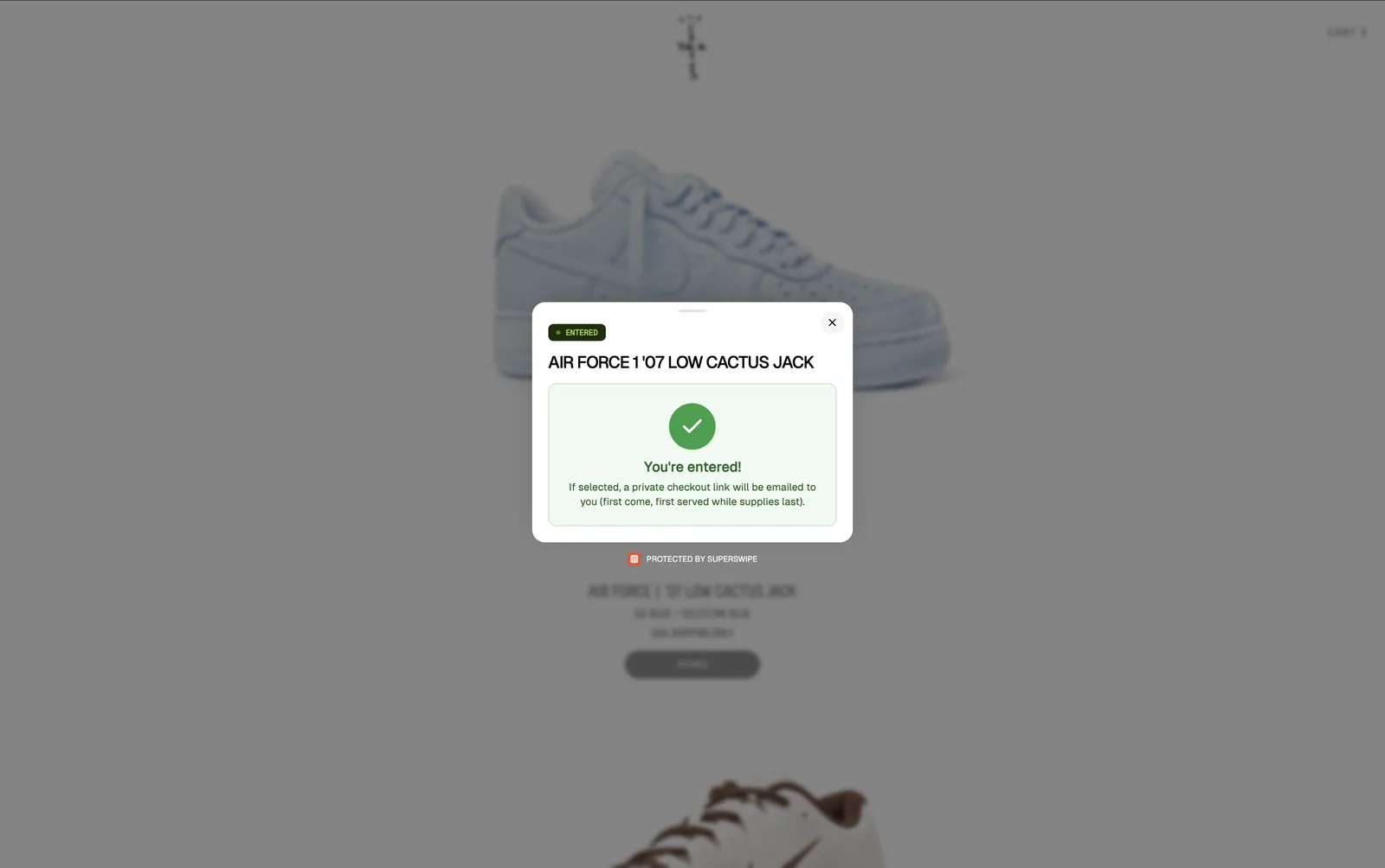 Entry confirmation for the AF1 Ice Blue draw on shop.travisscott.com