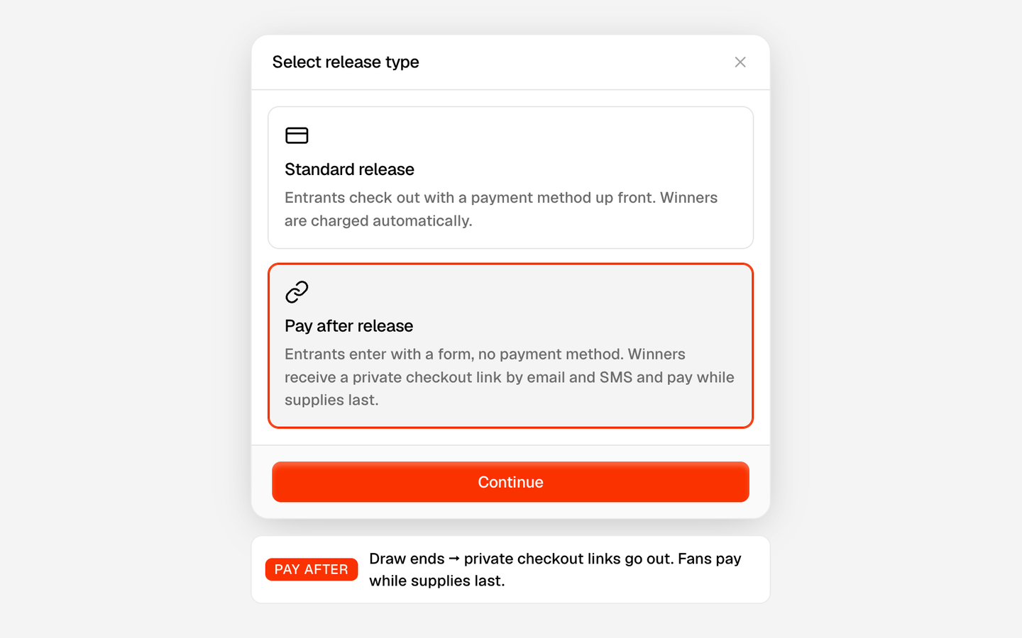 Select release type dialog in the SuperSwipe dashboard with Standard release and Pay after release options, Pay after selected, and a Continue button