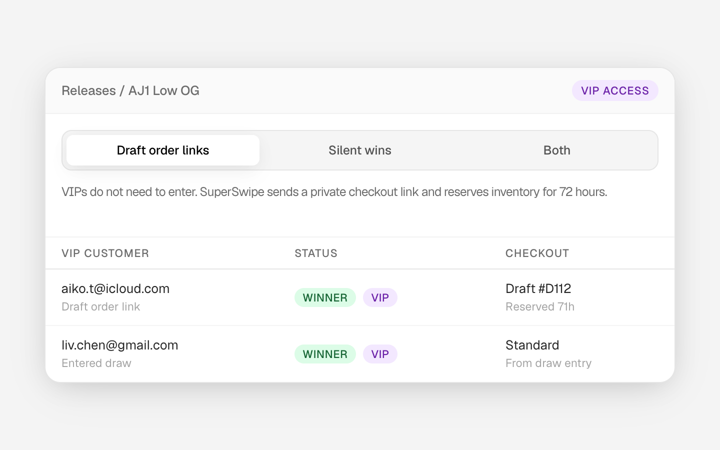 SuperSwipe VIP access panel for an AJ1 Low OG release with Draft order links, Silent wins and Both tabs, and two VIP winners, one on a reserved draft order and one from a draw entry