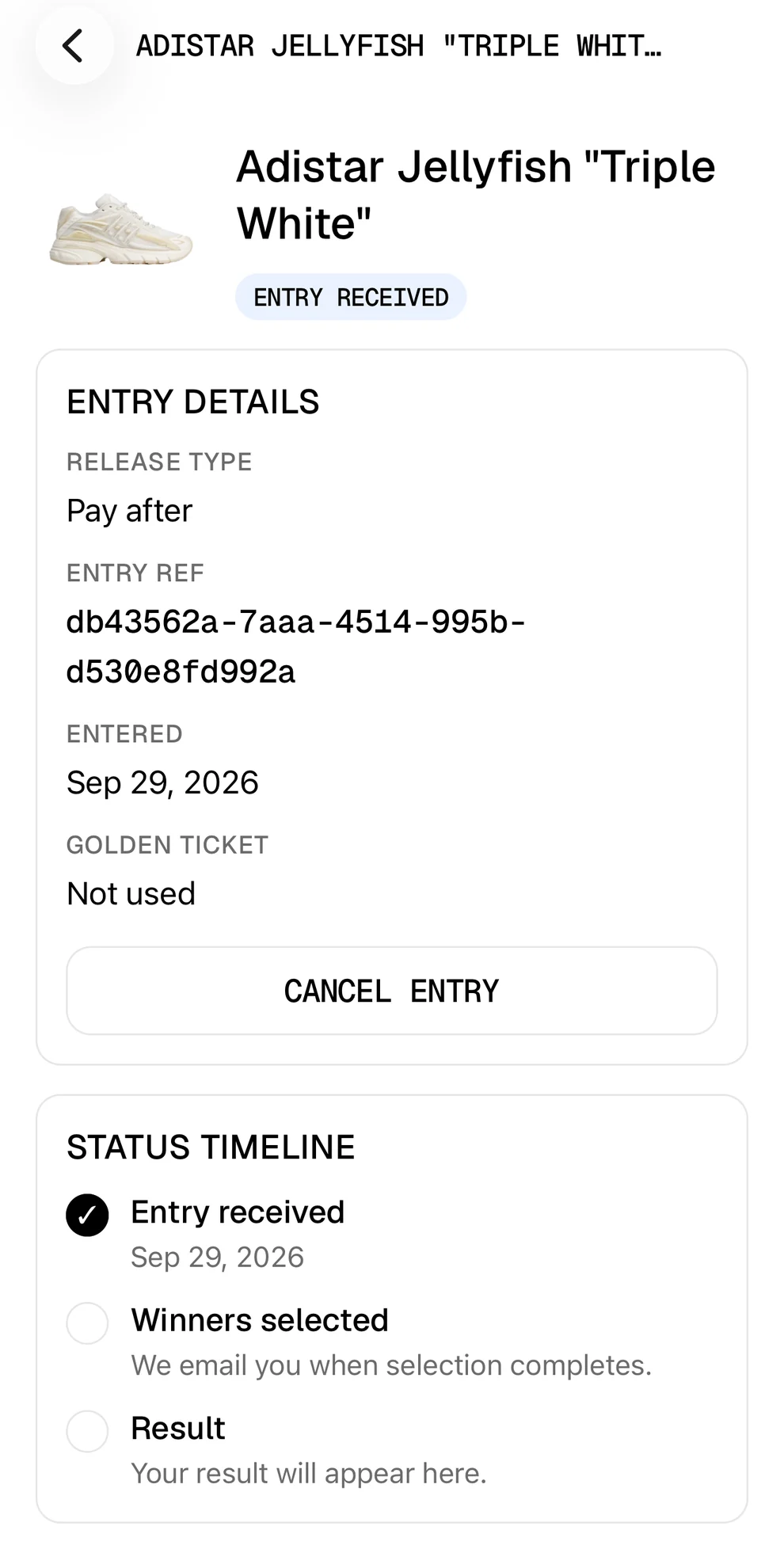 SuperFan app entry screen with the entry details and the status timeline