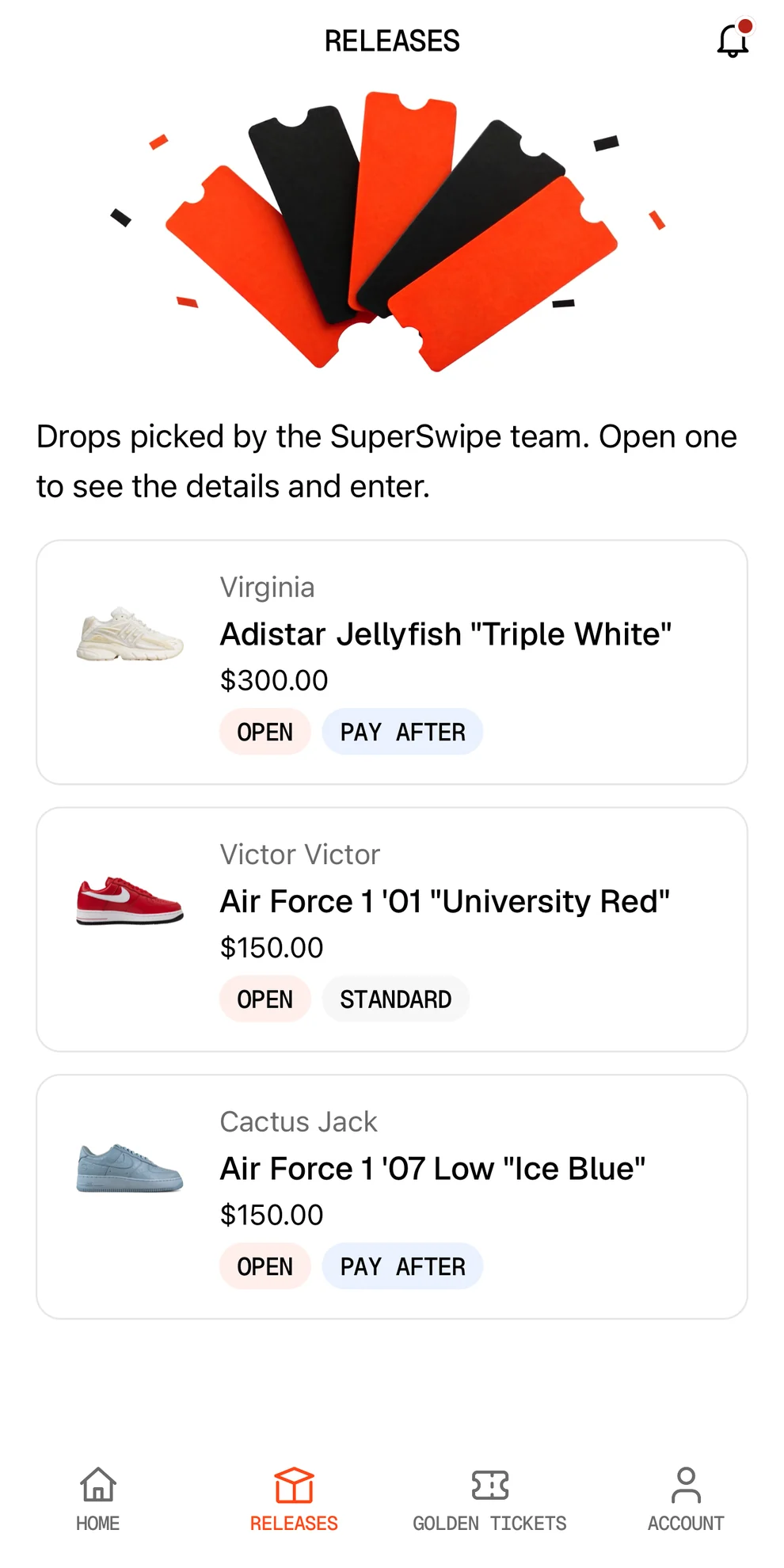 SuperFan app Releases tab with a list of drops