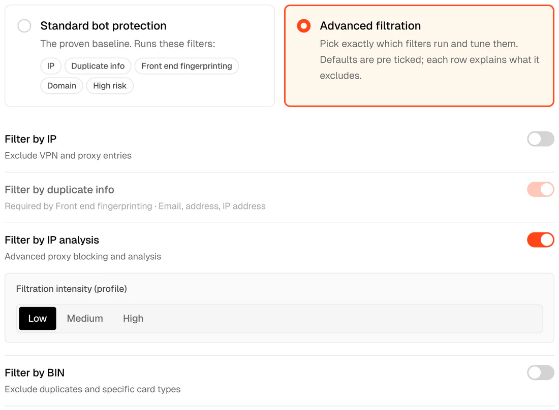 Filtration step of the create release wizard: the Standard bot protection and Advanced filtration cards with the filter rows under them