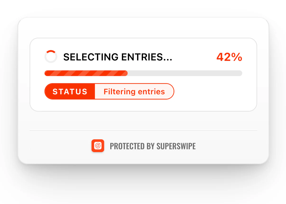 The SuperSwipe block on a product page while entries are selected: Selecting entries, 42 percent, status Filtering entries