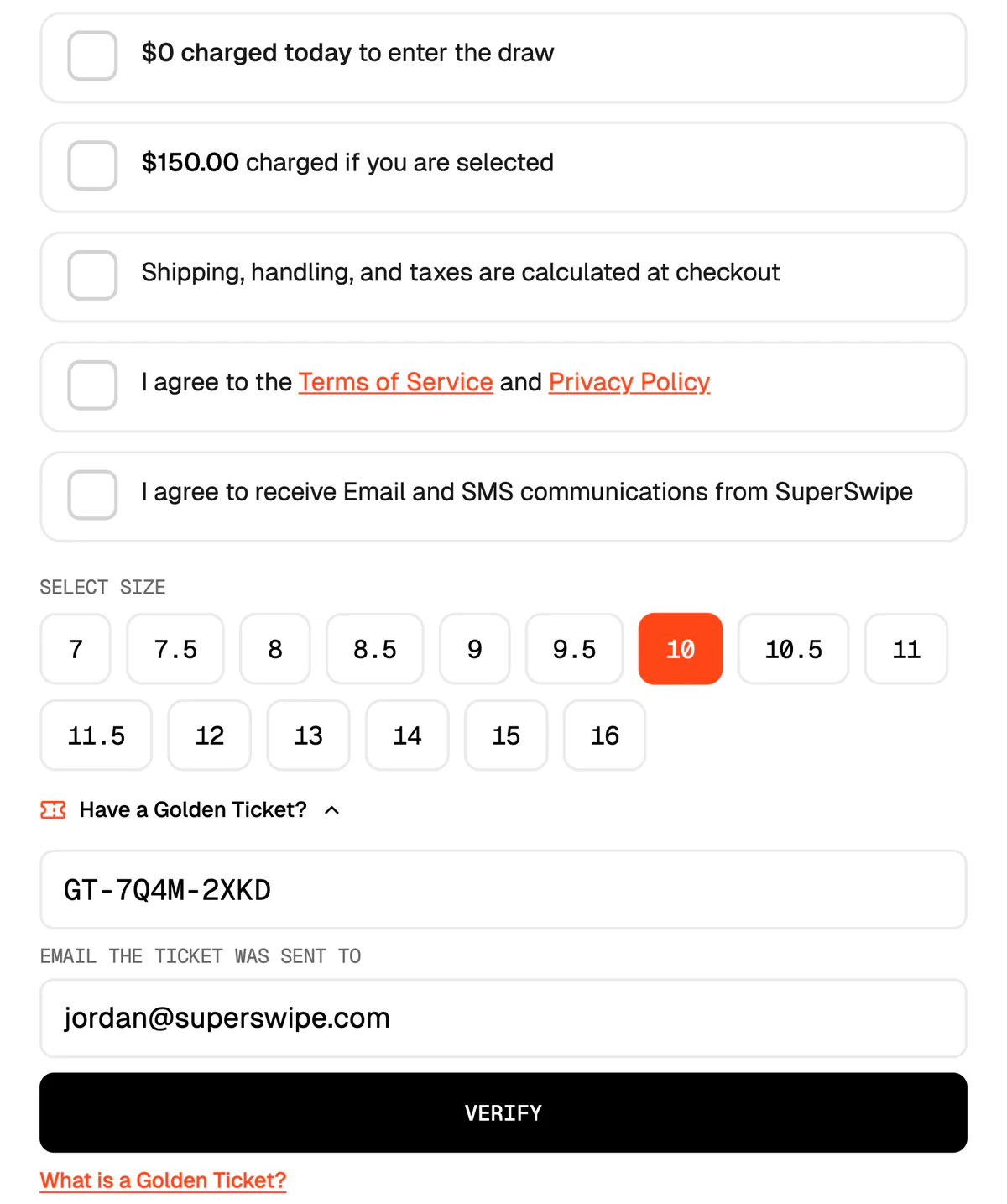 The entry form with a Golden Ticket code and an email filled in above the Verify button