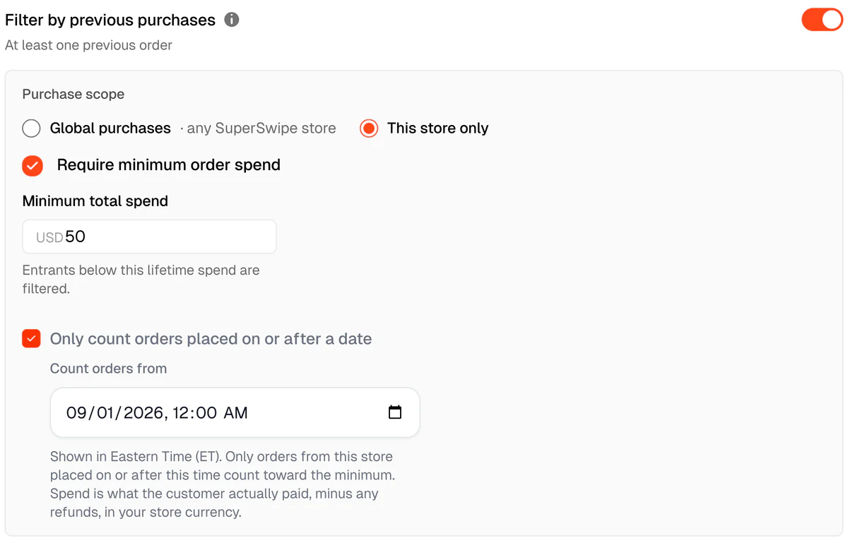 Filter by previous purchases with the purchase scope, a minimum total spend and a count orders from date