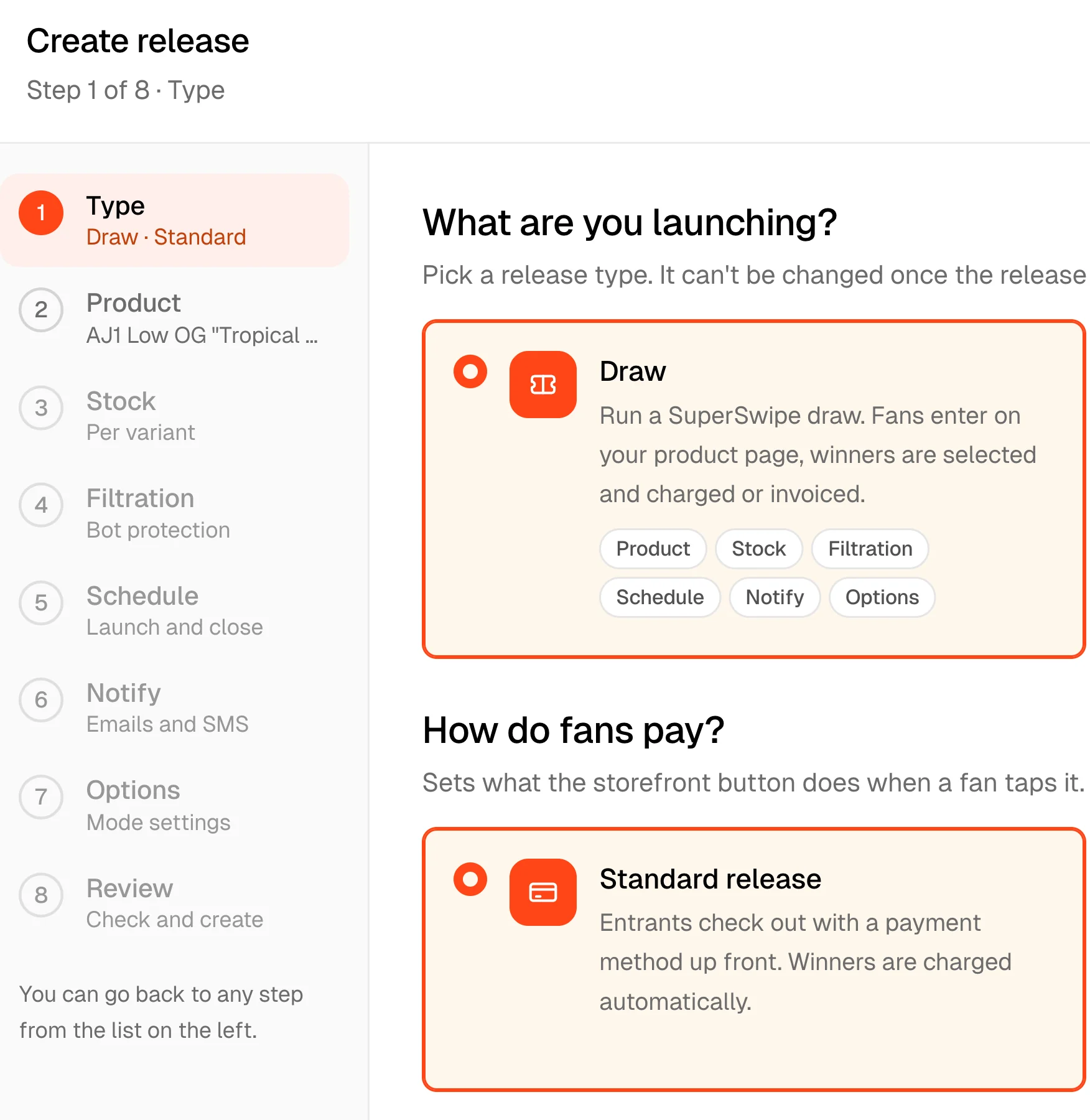 The Create release wizard: the step rail with Type, Product, Stock, Filtration, Schedule, Notify, Options and Review, the Draw card and the Standard release card
