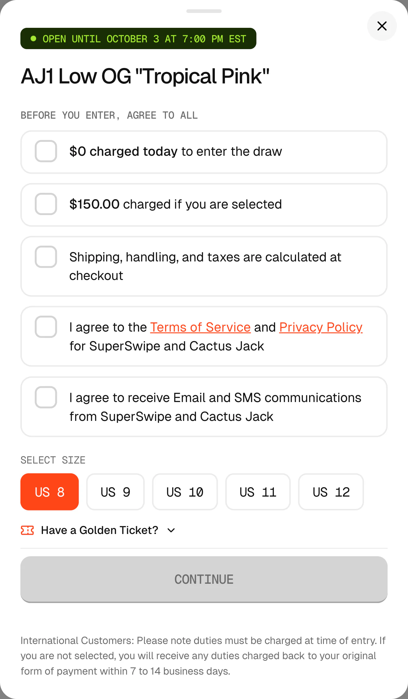 The entry form: the agreement rows, the size chips, Have a Golden Ticket? and Continue
