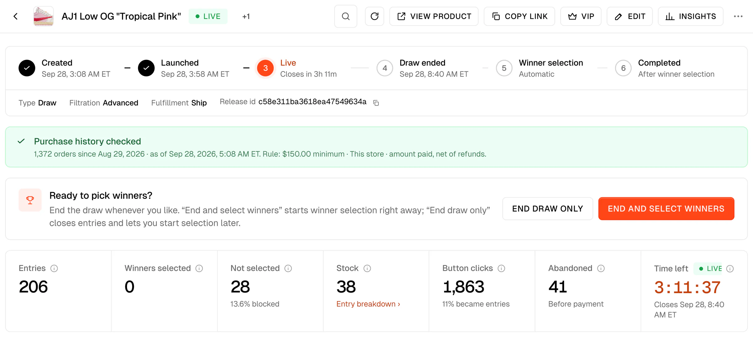 Live release header with the timeline and the entries, winners, stock and time left tiles
