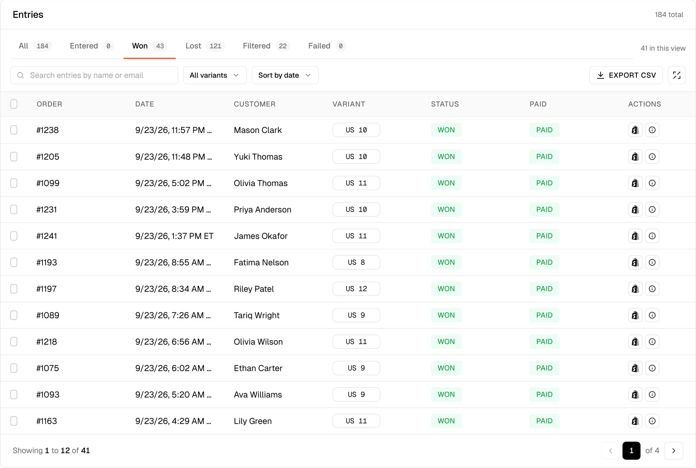 Entries panel on the Won tab with rows marked Won and Paid