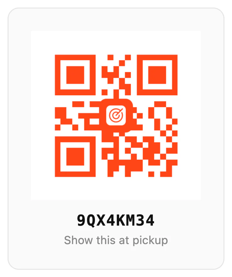 Pickup code card from the email with the QR code and the code to show at the store