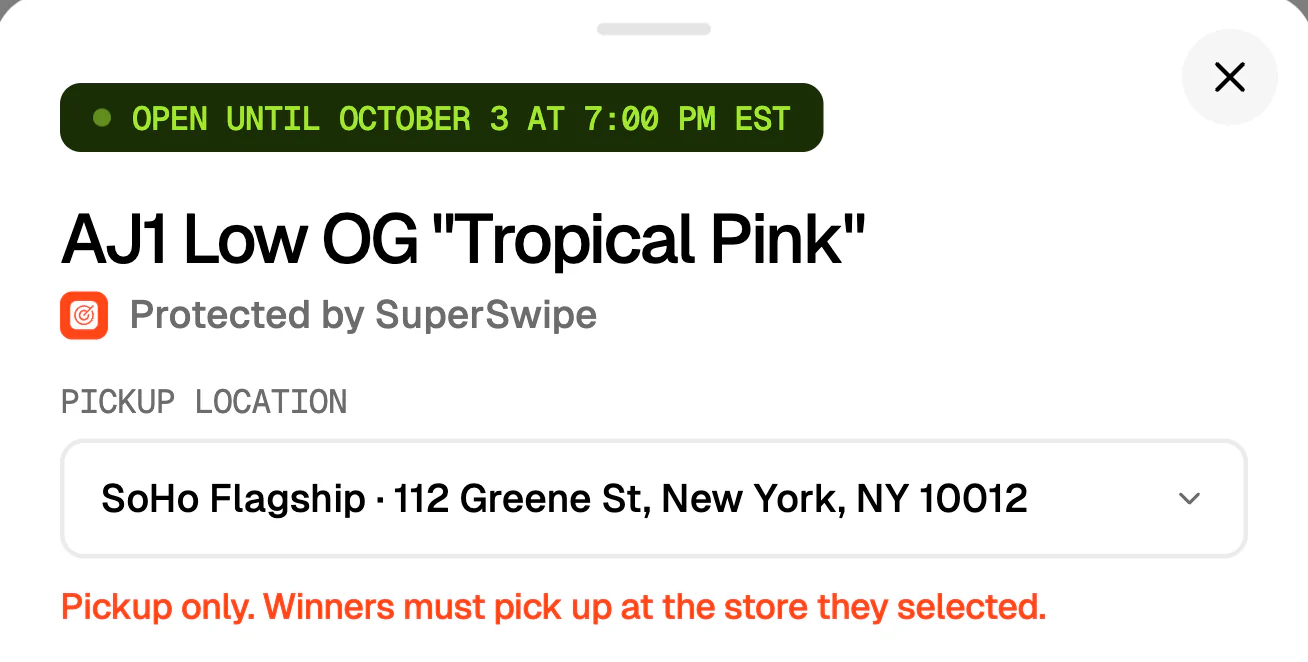 Entry form with the pickup location chooser set to a store