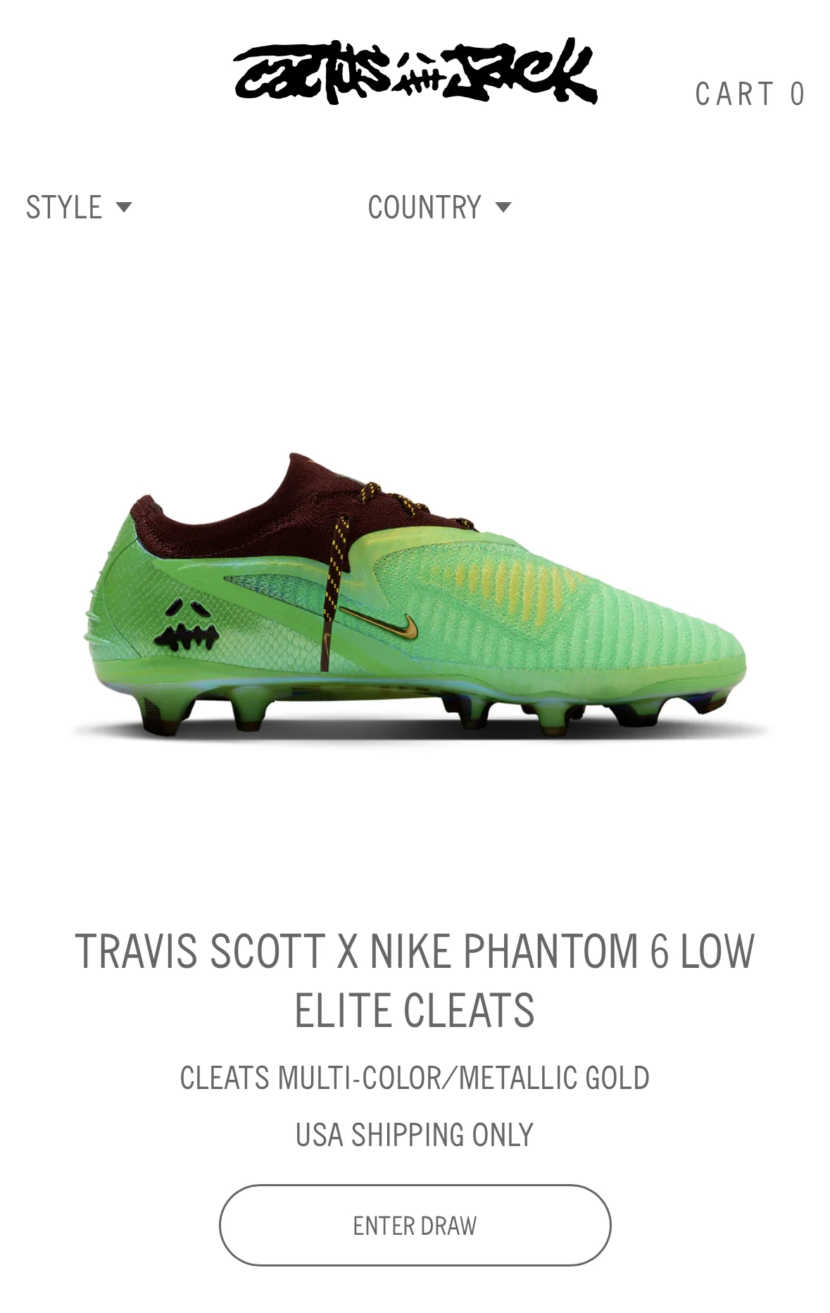 Cactus Jack product page for the Travis Scott x Nike Phantom 6 Low Elite cleats with the store's outlined Enter Draw button