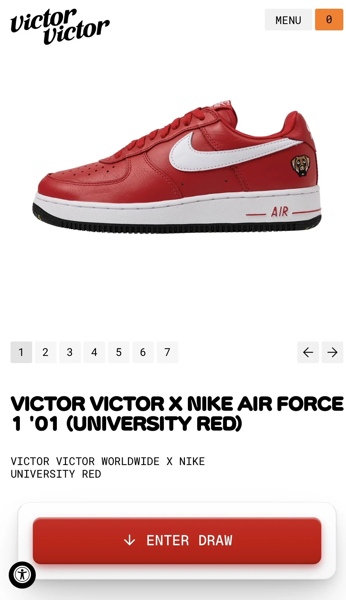 Victor Victor product page for the Victor Victor x Nike Air Force 1 University Red with the red Enter Draw button