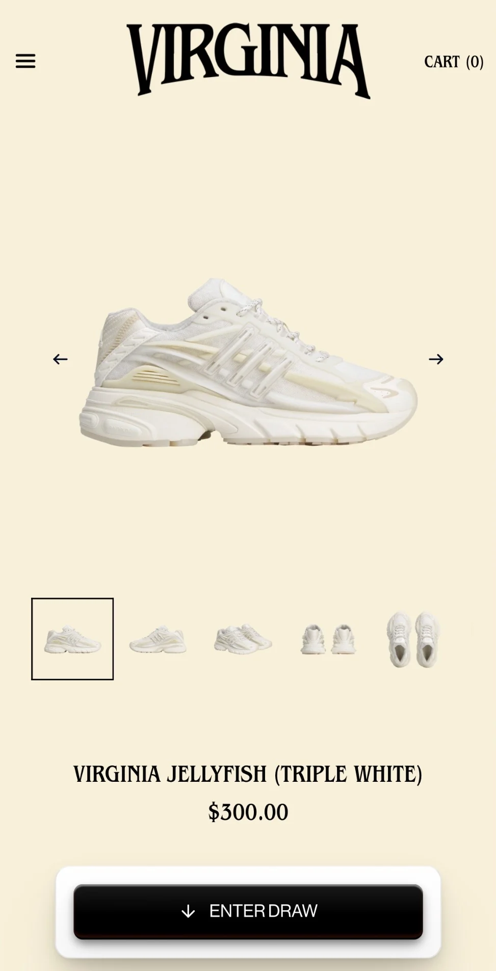 Virginia by Pharrell Williams product page for the Virginia Jellyfish Triple White at $300.00 with the black Enter Draw button