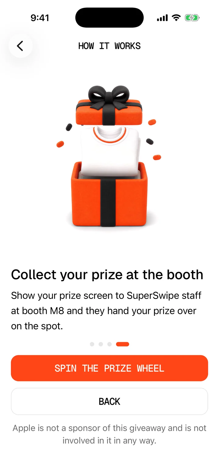 Step 4 in the SuperFan app: an open orange gift box with the prize inside, above the words Collect your prize at the booth