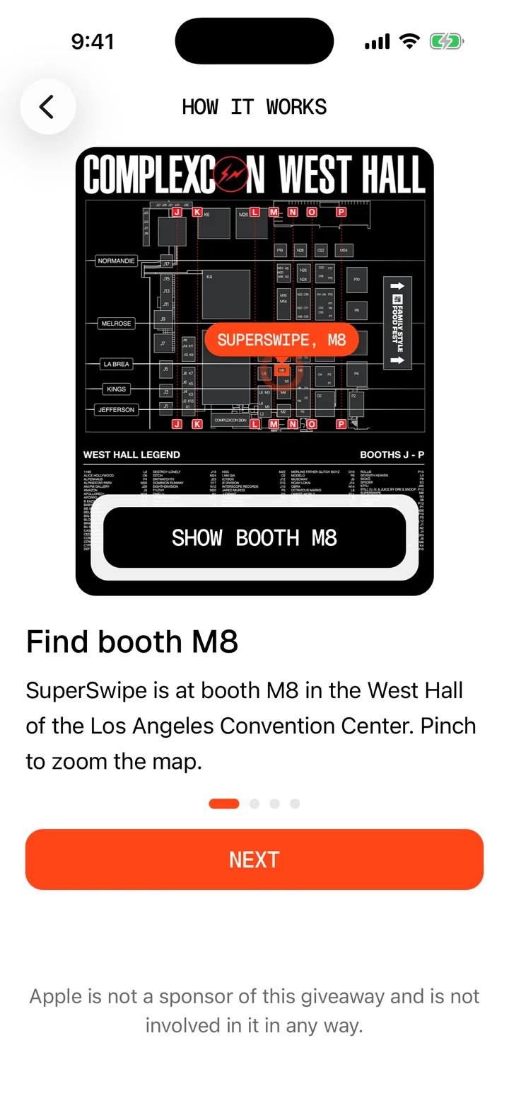 Step 1 in the SuperFan app: the ComplexCon West Hall map with the SuperSwipe booth M8 callout and the Show booth M8 button