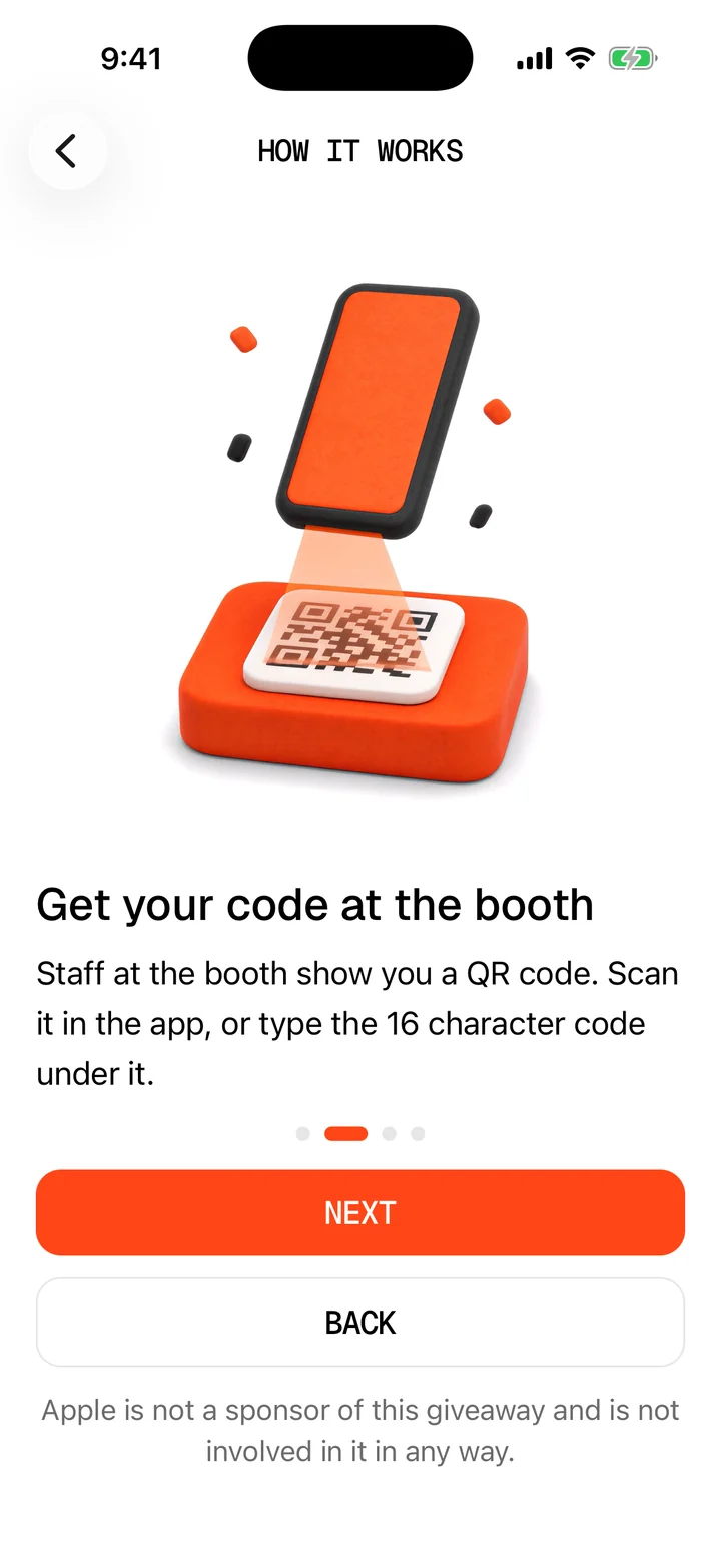 Step 2 in the SuperFan app: an orange phone scanning a QR code, above the words Get your code at the booth
