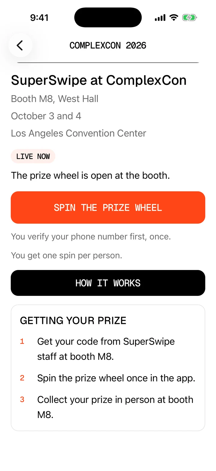 The ComplexCon page in the SuperFan app with Getting your prize: get your code from SuperSwipe staff at booth M8, spin the prize wheel once in the app, collect your prize in person at booth M8