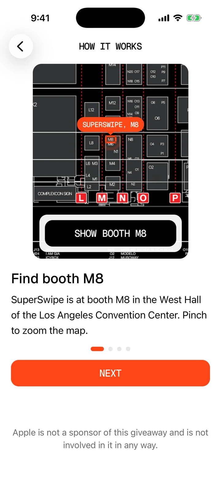 The West Hall map in the SuperFan app zoomed in on the SuperSwipe booth M8