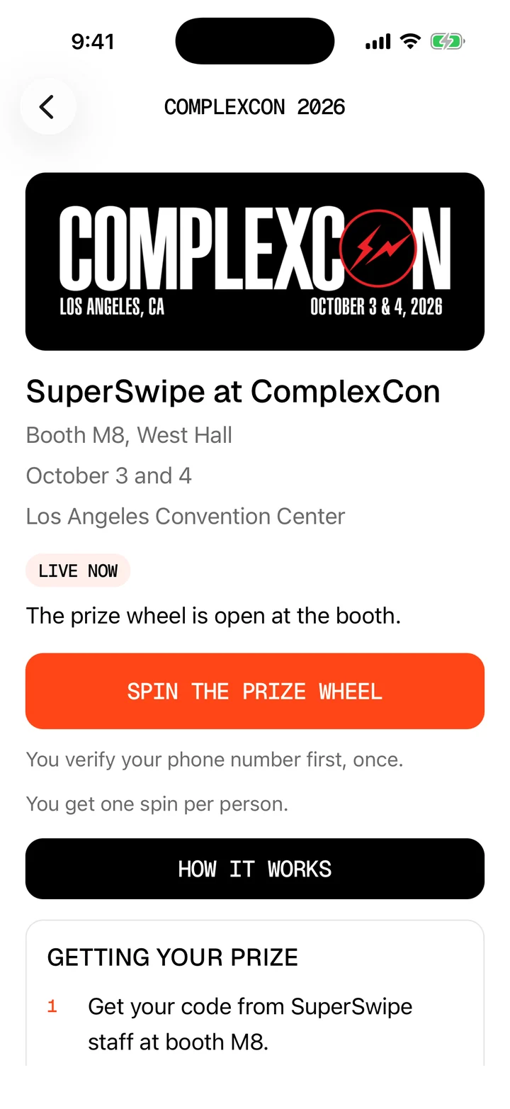 The ComplexCon page in the SuperFan app: SuperSwipe at ComplexCon, booth M8, West Hall, October 3 and 4, Los Angeles Convention Center, with the Spin the prize wheel button