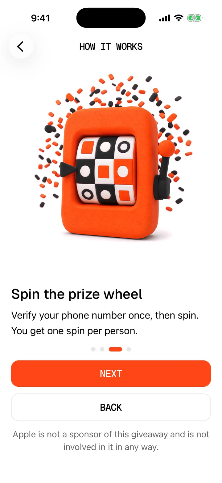 Step 3 in the SuperFan app: the orange prize wheel reel in a confetti burst, above the words Spin the prize wheel