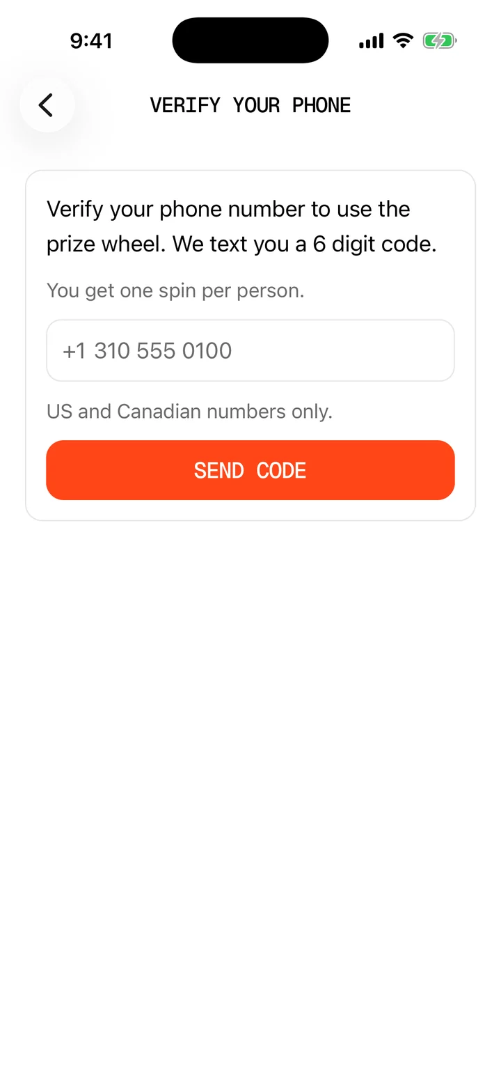 The Verify your phone screen in the SuperFan app: we text you a 6 digit code, US and Canadian numbers only, with the Send code button