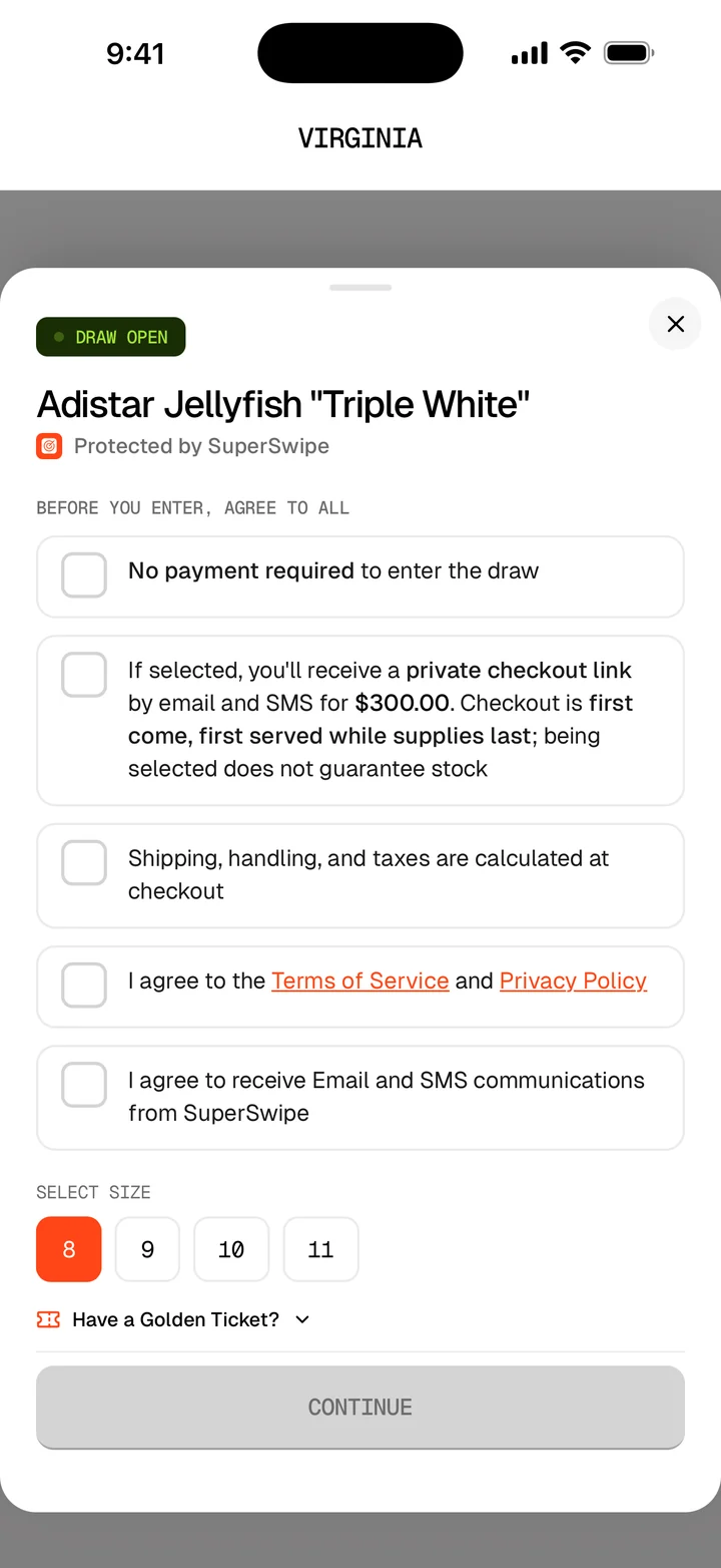 The entry form in the SuperFan app with the consent boxes, the size picker and the Golden Ticket option
