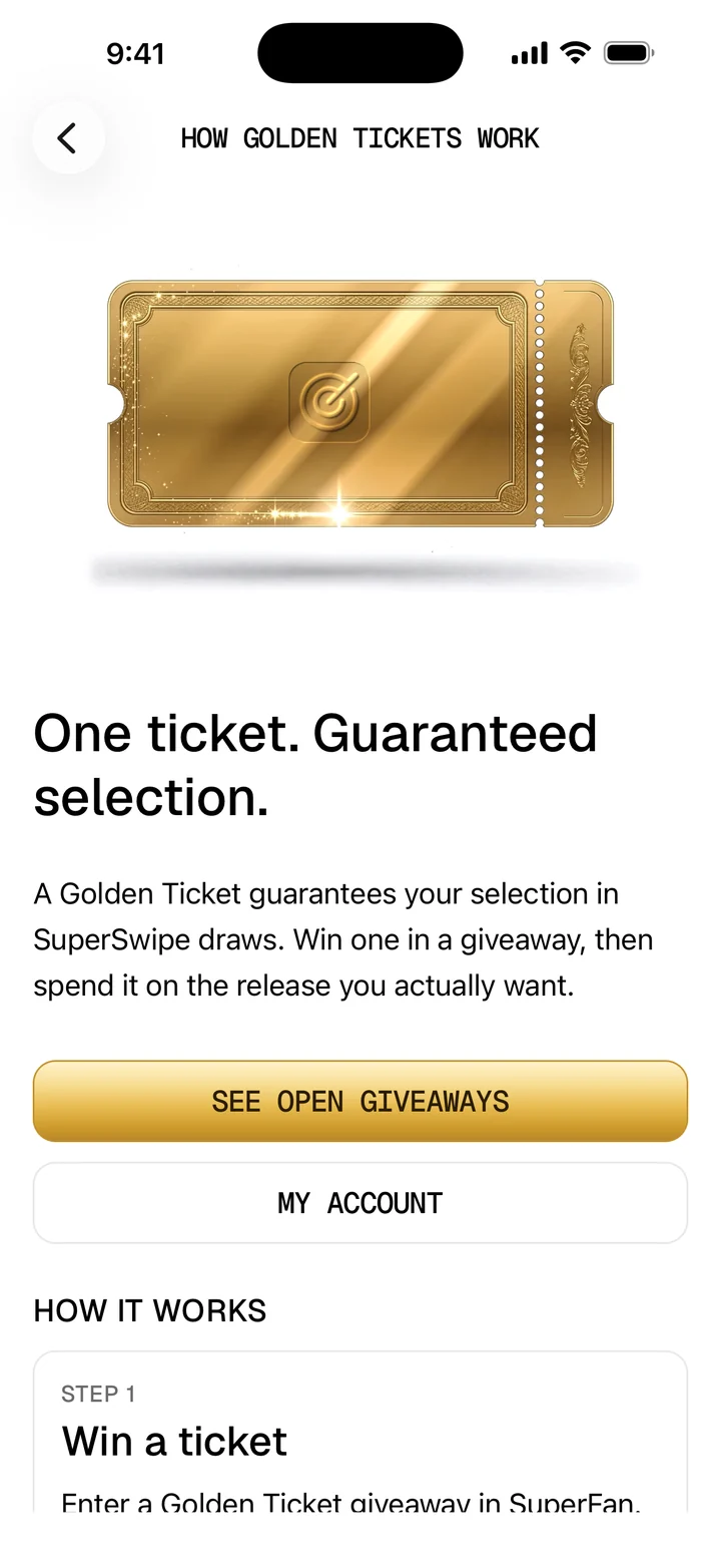 How Golden Tickets work in the SuperFan app: one ticket, guaranteed selection