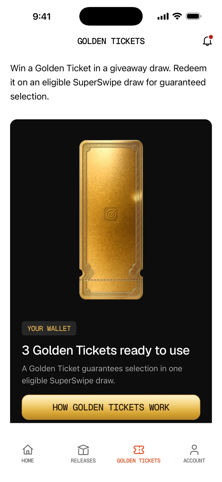 SuperFan app Golden Tickets tab with a wallet holding 3 Golden Tickets ready to use