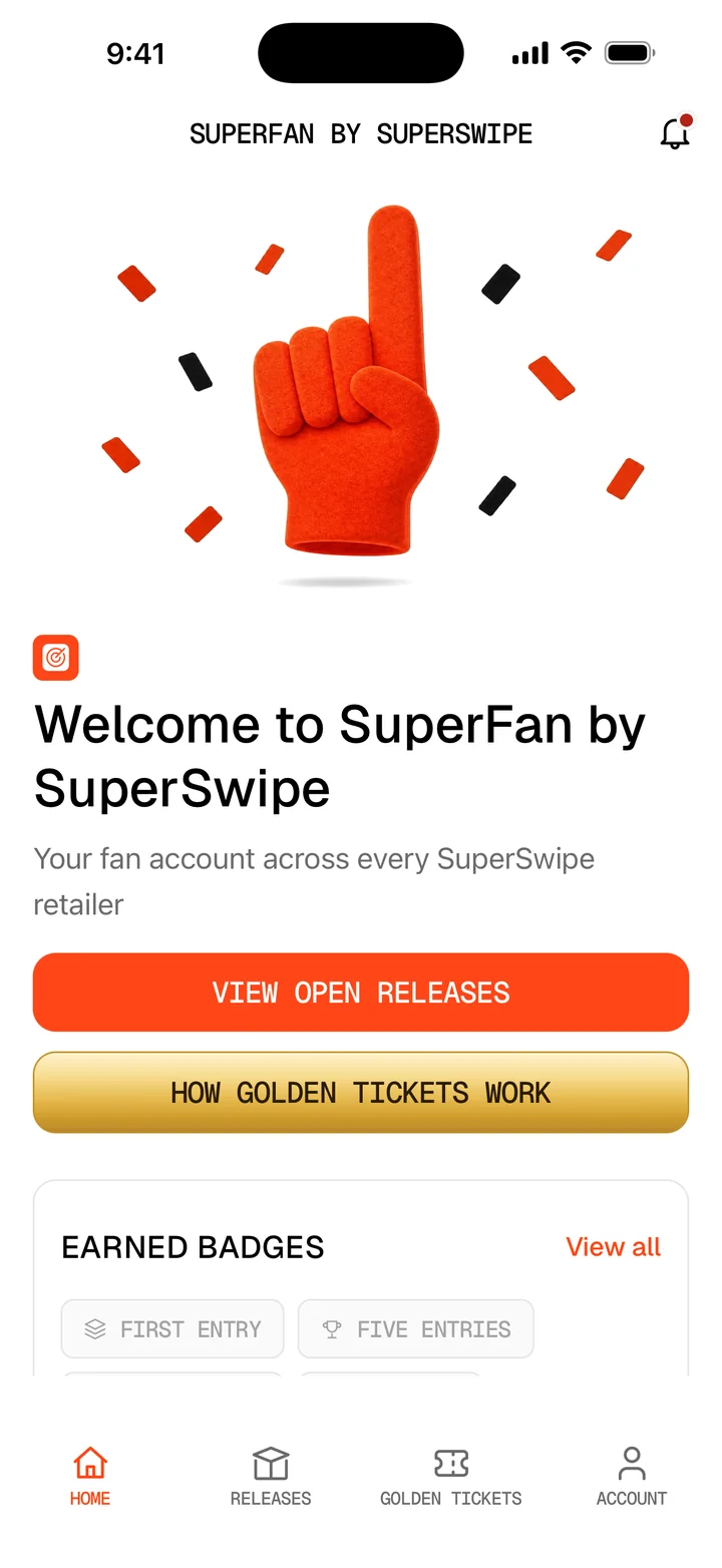 SuperFan app Home screen welcoming you to SuperFan by SuperSwipe with View open releases and How Golden Tickets work