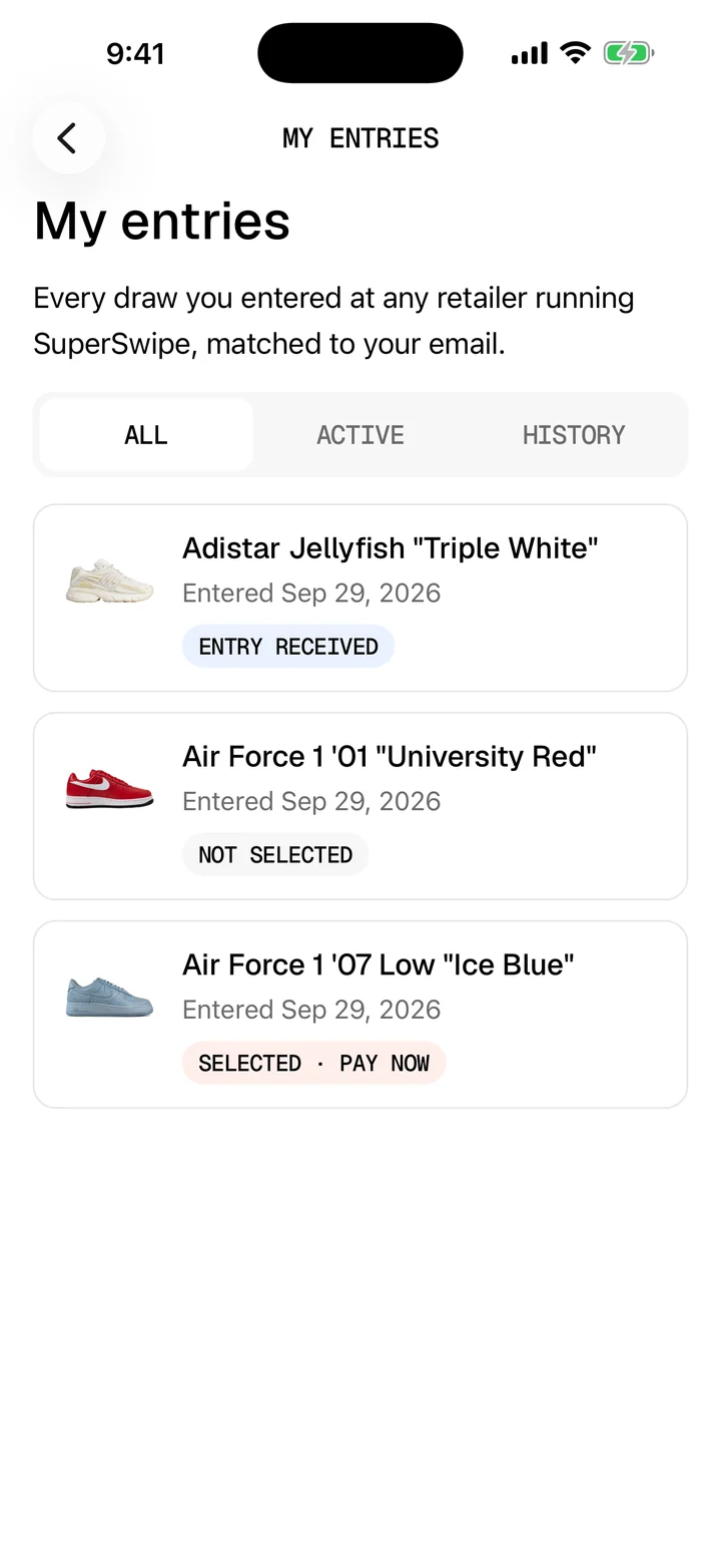 My entries in the SuperFan app with an entry received, a not selected result and a selected entry with Pay now
