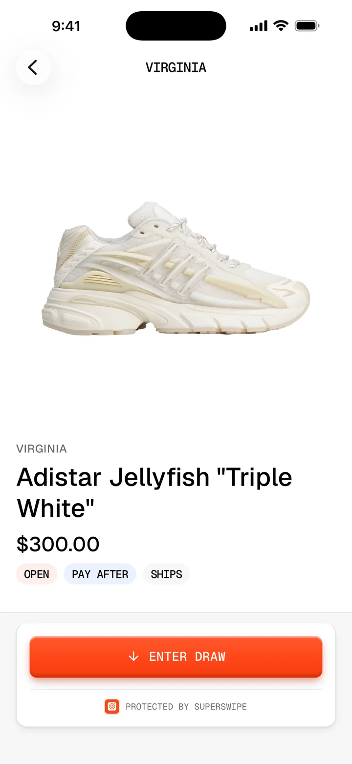 A Virginia release in the SuperFan app: Adistar Jellyfish Triple White at $300.00 with the Enter draw button