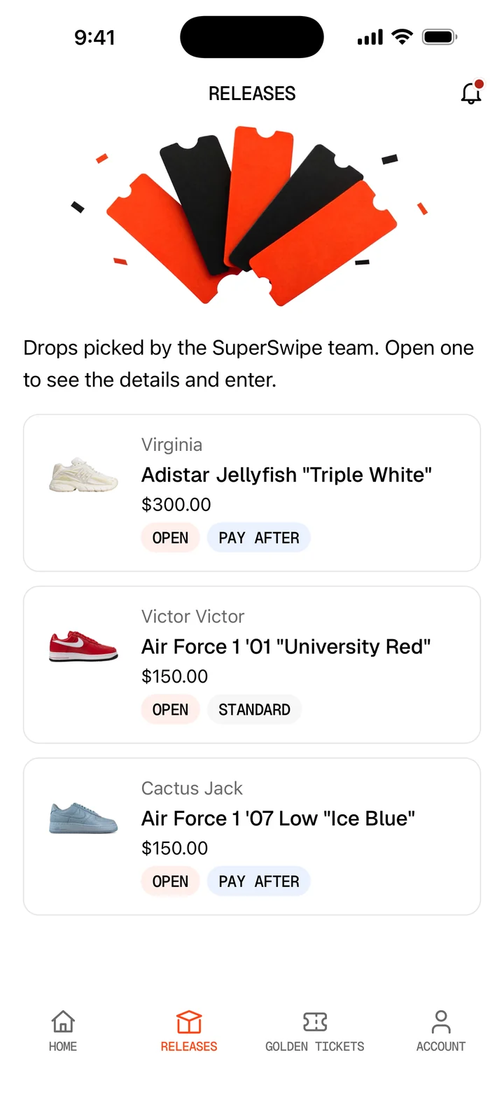 SuperFan app Releases tab listing open drops from Virginia, Victor Victor and Cactus Jack