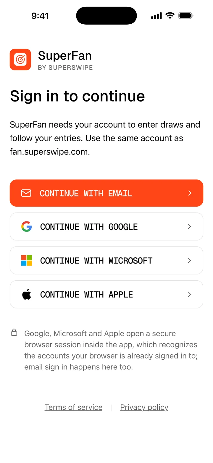 SuperFan sign in screen with Continue with email, Google, Microsoft and Apple
