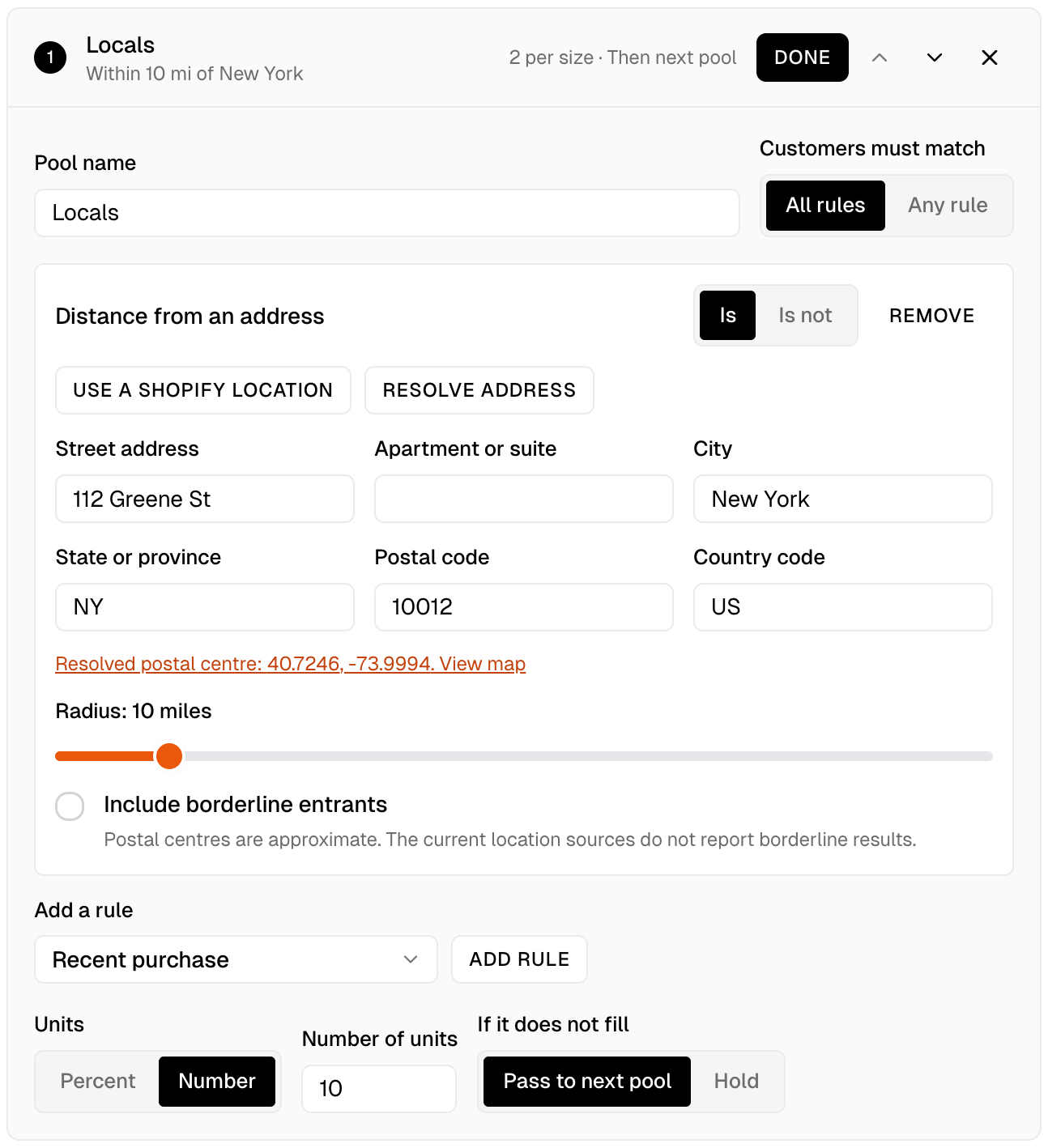 A Locals pool in the Smart Rules editor with a Distance from an address rule set to 10 miles from a New York store, 10 units and Pass to next pool selected