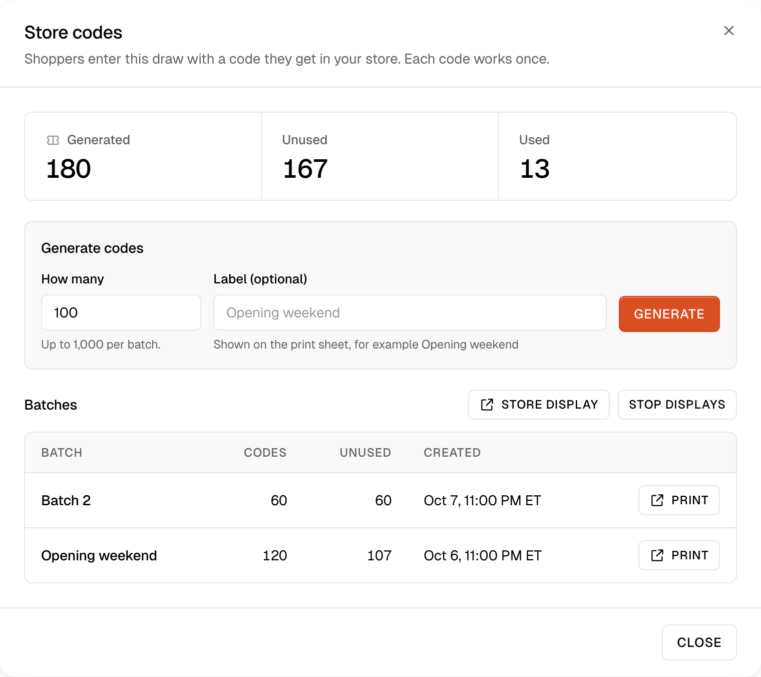 The Store codes window on a draw's page in the SuperSwipe dashboard: Generated 180, Unused 167 and Used 13, the Generate codes form with how many and a label, and the batches with a Print button each next to Store display and Stop displays