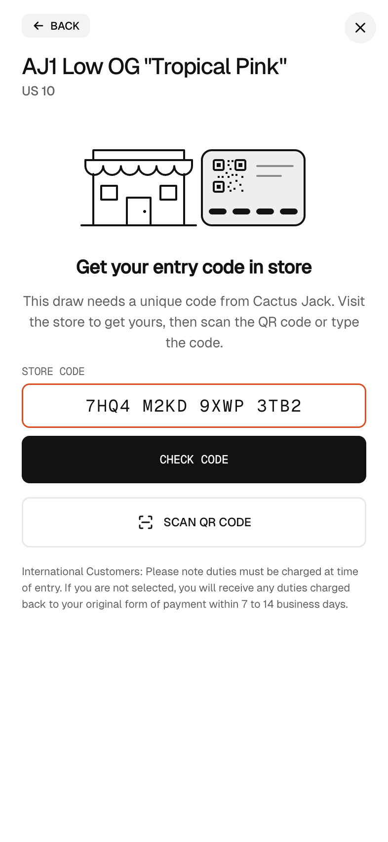 The store code step on a phone with Type code chosen, a code typed into the Store code field in groups of four and the Check code button