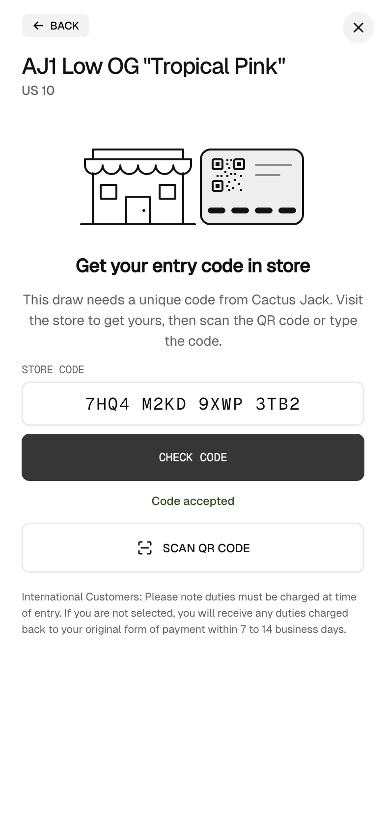 The store code step on a phone after Check code, with Code accepted under the button