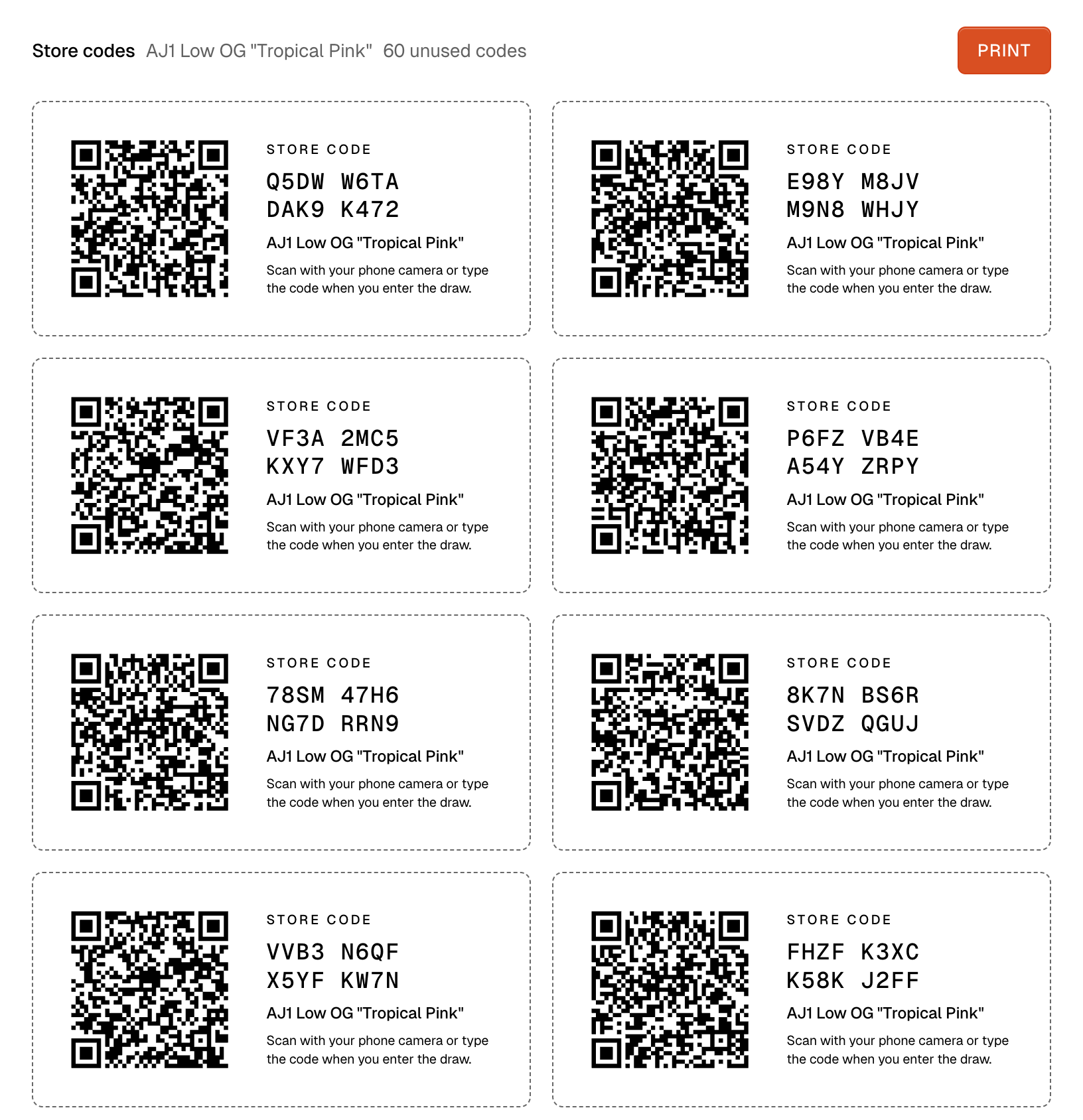 The print sheet for the AJ1 Low OG Tropical Pink draw: the Print button, then dashed cut cards two per row, each with a QR code, Store code, the code in two rows, the product name and the line Scan with your phone camera or type the code when you enter the draw