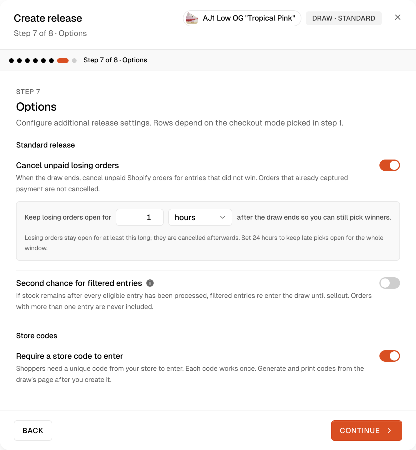 The Options step of Create release for the AJ1 Low OG Tropical Pink draw in the SuperSwipe dashboard, with Require a store code to enter switched on under Store codes