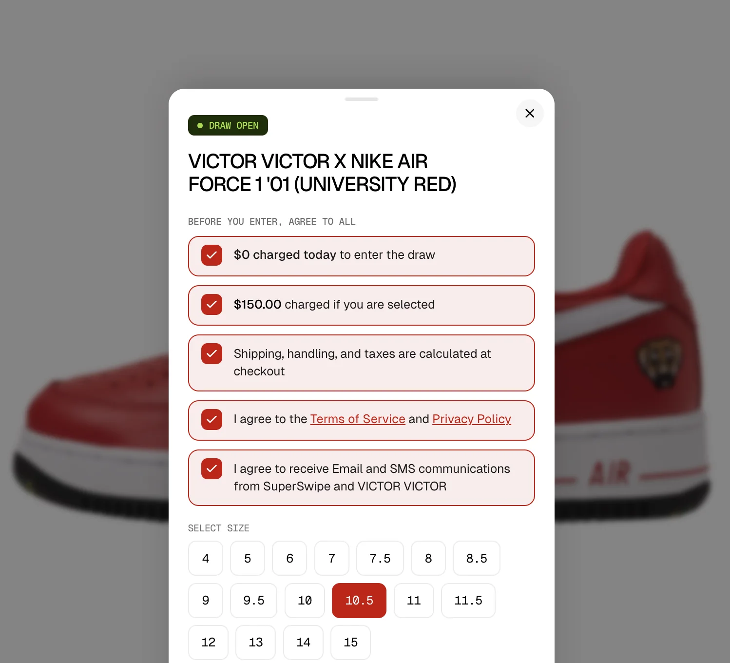 Victor Victor draw entry terms on victorvictor.com, $0 today, $150 if selected, size picker