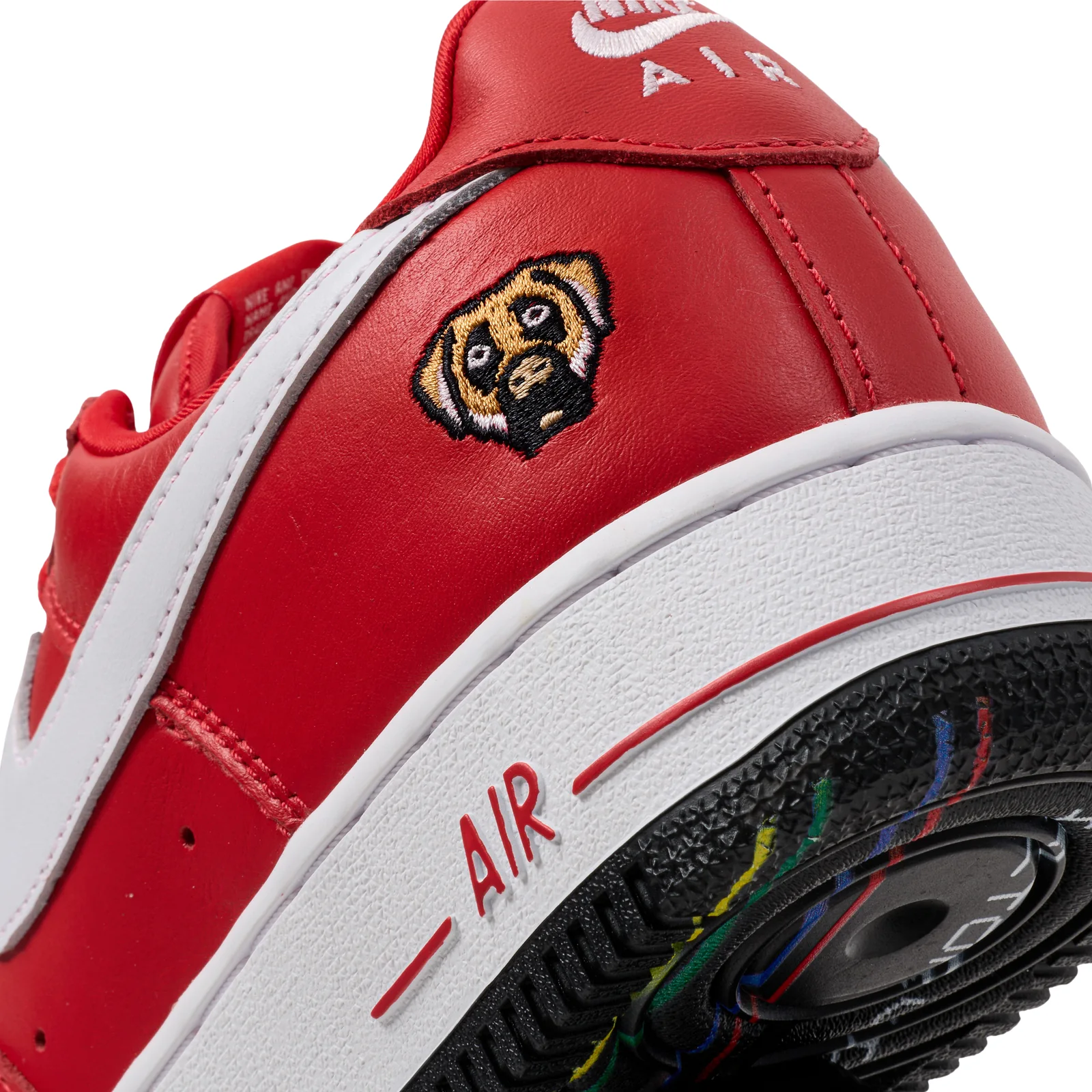 Victor Victor x Nike Air Force 1 '01 University Red angled view with dog logo on the heel
